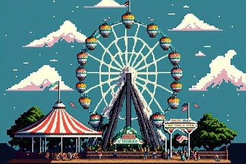 Pixel art amusement park, background in retro style for 8 bit game, Generative AI