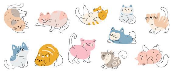 Cute and smile cat doodle vector set. Adorable cat or fluffy kitten character design collection with flat color, different poses on white background. Design illustration for sticker, comic, print. - obrazy, fototapety, plakaty
