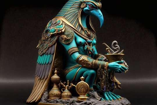 Osiris the Egyptian God of the Sea is depicted in this figurine. Generative AI