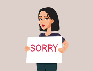 Woman Apologizing Holding a Sorry Sign Vector Cartoon Illustration. Guilty girl making a mistake and feeling regretful afterwards 
