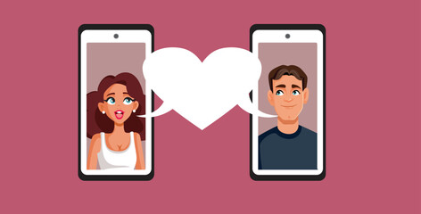 Couple Finding Love Online on the Internet Vector Cartoon. Man and woman chatting on dating app looking for a relationship
