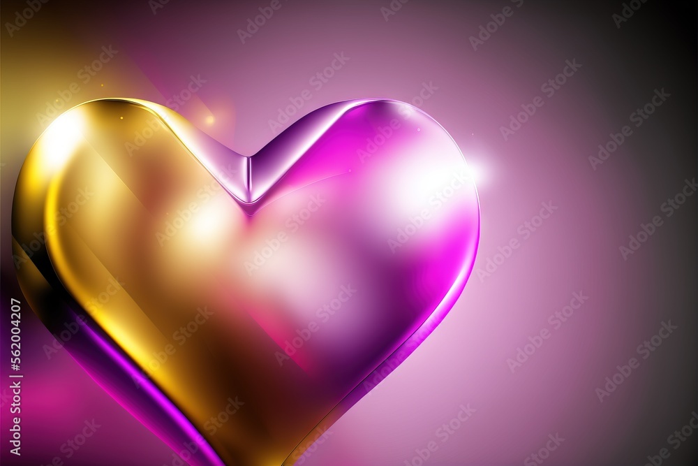 Poster a shiny heart shaped object with a purple background and a gold border around it, with a pink backgr