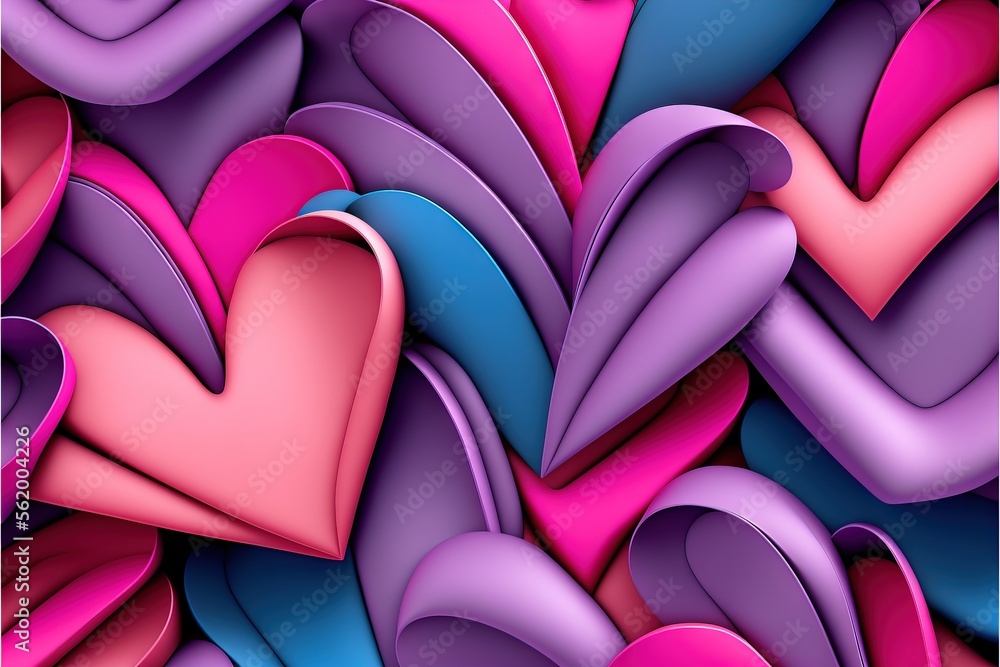 Poster a large group of hearts that are in the shape of a heart on a blue background with pink and purple c