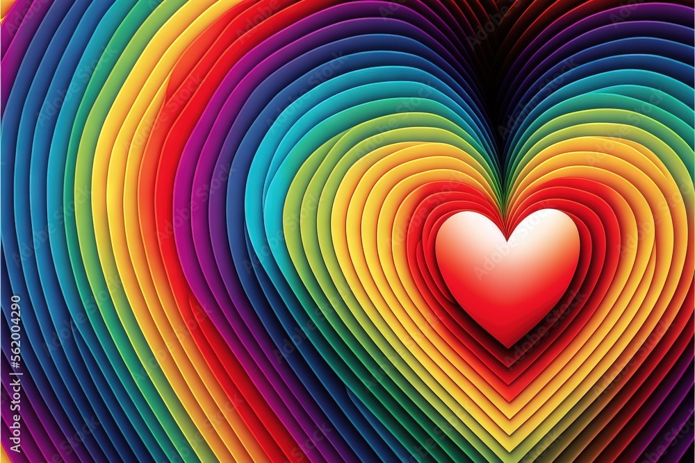 Poster a heart shaped rainbow colored background with a red heart in the center of the image and a yellow h
