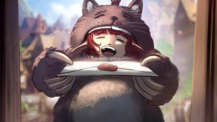 cute girl in a live cat costume holds out a letter in her claws with a joyful smile, she is a vampire elf with sharp ears and fangs she has red hair against the background of fantasy city 2d anime art