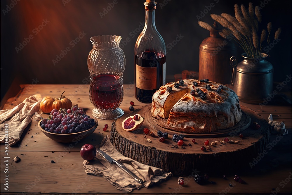Poster a table topped with a cake and a bottle of wine next to a bowl of fruit and a plate of grapes and a 