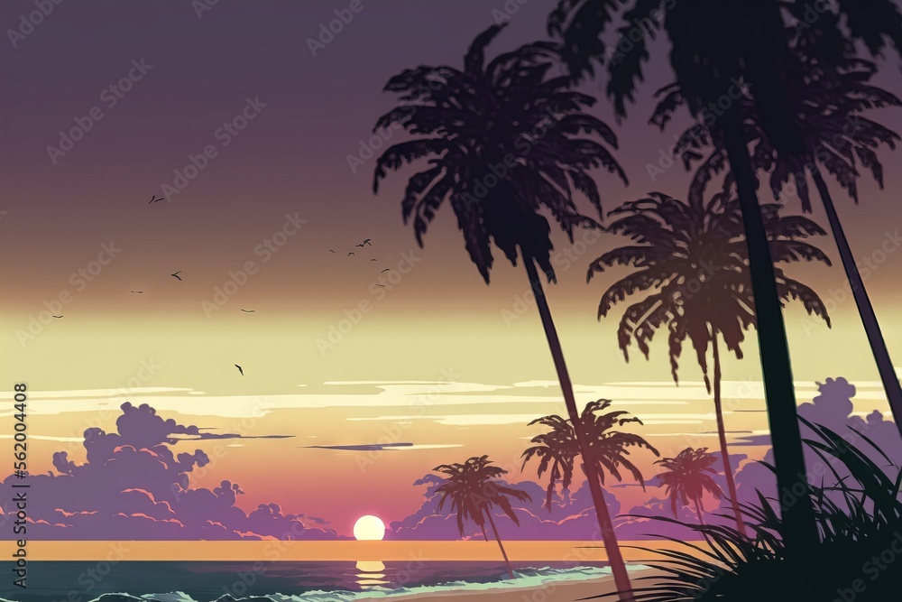 Poster a sunset with palm trees and a beach in the foreground with a bird flying over the water and a bird 