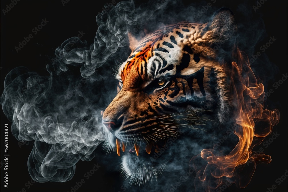 Poster a tiger with a tiger head on it's face is shown in the smoke of a black background with a black back