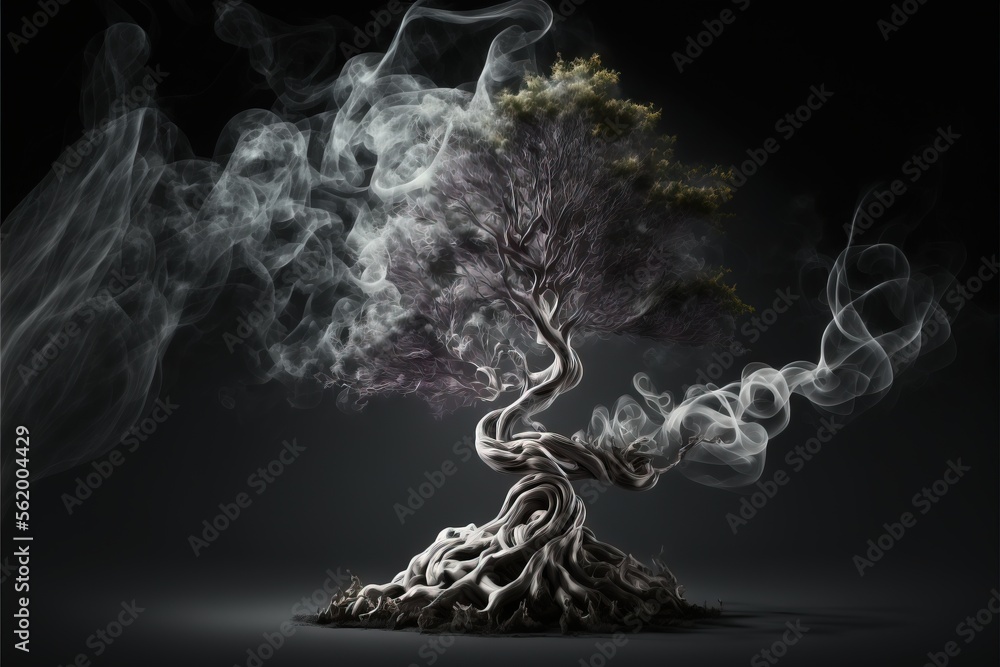 Aufkleber a tree with smoke coming out of it's trunk and roots on a black background with a black background a