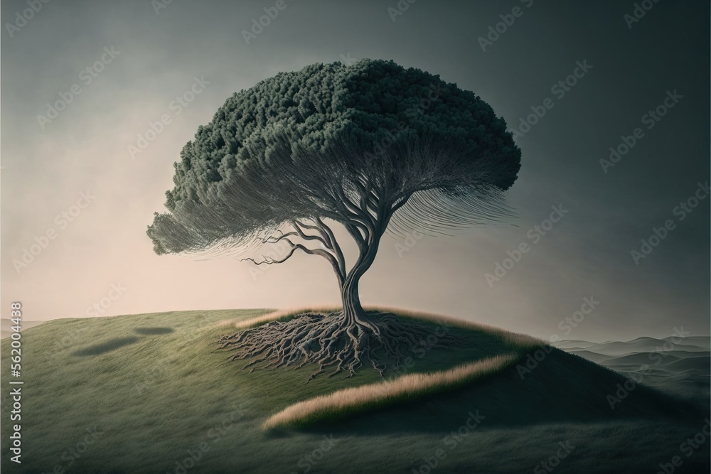 Poster a tree with a long trunk on a hill with a sky background and a grassy area with a tree on top of it 