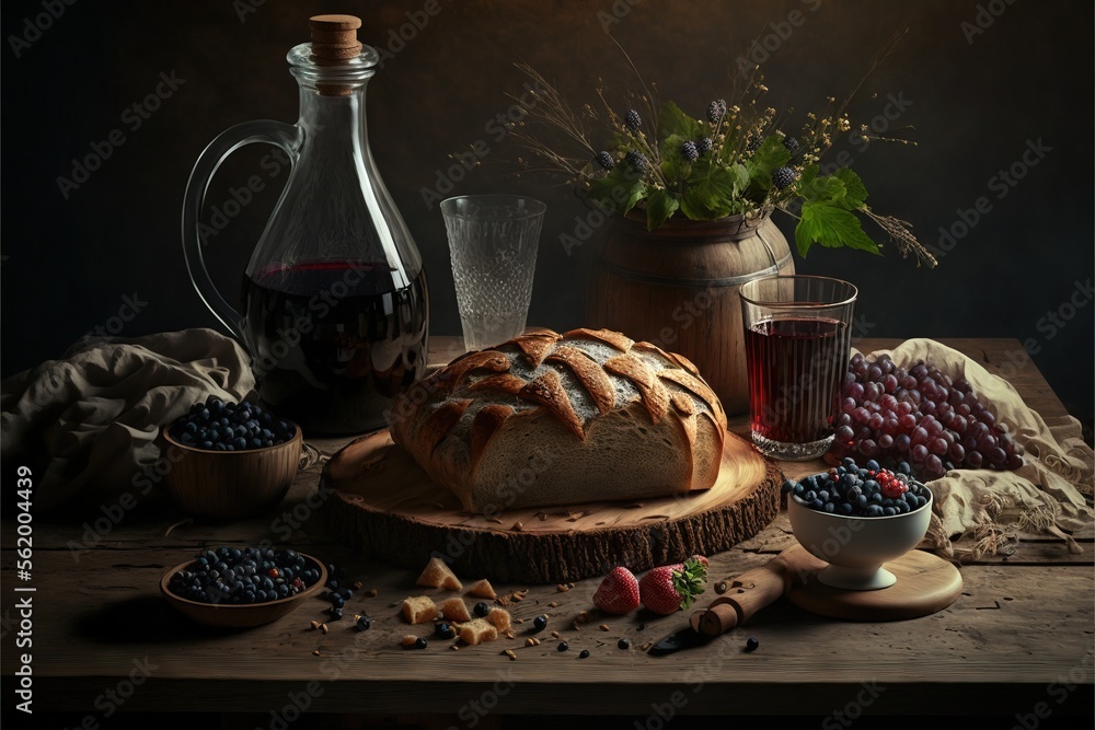 Poster a table topped with a loaf of bread next to a pitcher of wine and other food items on a table top ne