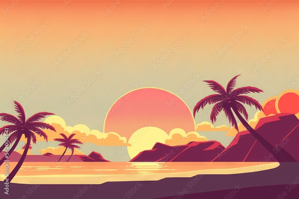 Poster a sunset with palm trees and a beach in the foreground with a mountain in the background and a sun s