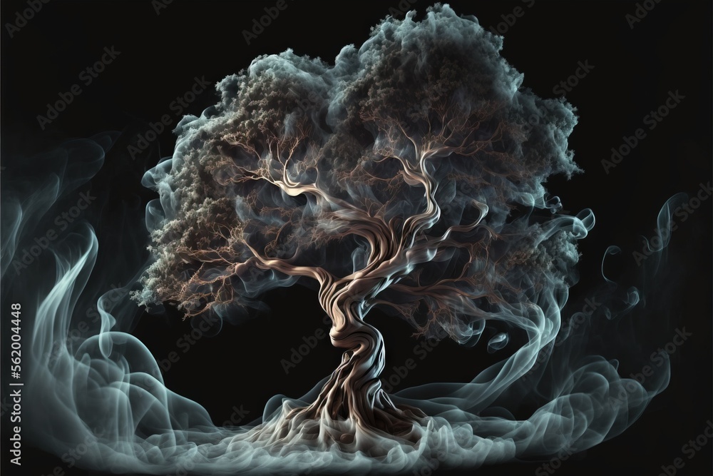 Aufkleber a tree with a lot of smoke in the air on a black background with a black background and a white back