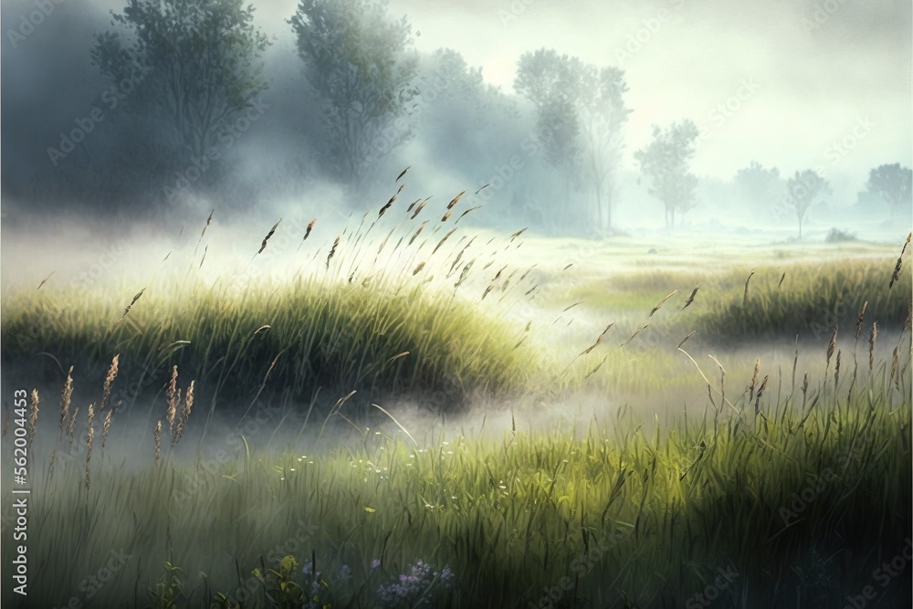 Poster a painting of a foggy field with trees in the background and fog in the air above the grass and wate