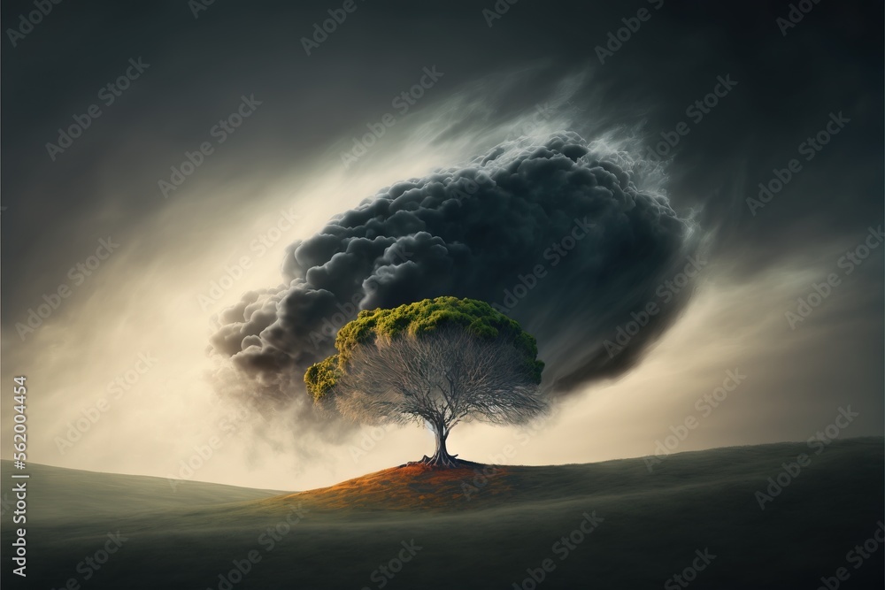 Aufkleber a tree on a hill with a large cloud of smoke behind it and a tree on top of a hill with a small tree