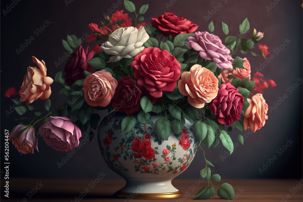 Poster a painting of a vase with flowers in it on a table top with a dark background behind it and a gold f