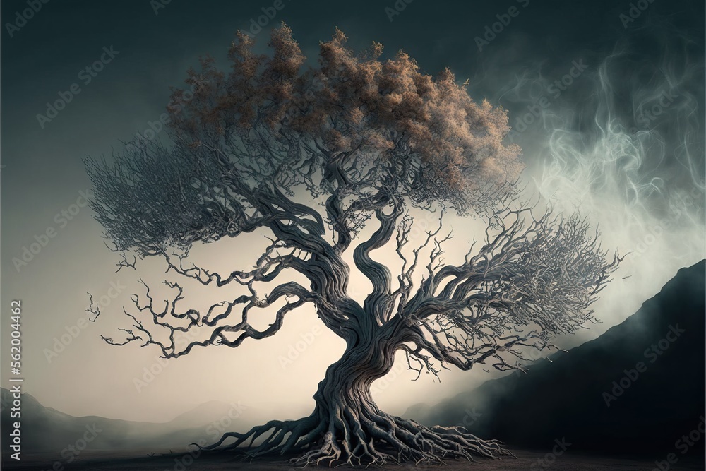 Poster a tree with a lot of branches and a lot of smoke in the background with a mountain in the distance w