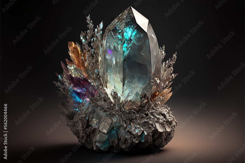 Aufkleber a large crystal with many different colored stones on it's side and a leafy design on the side of th