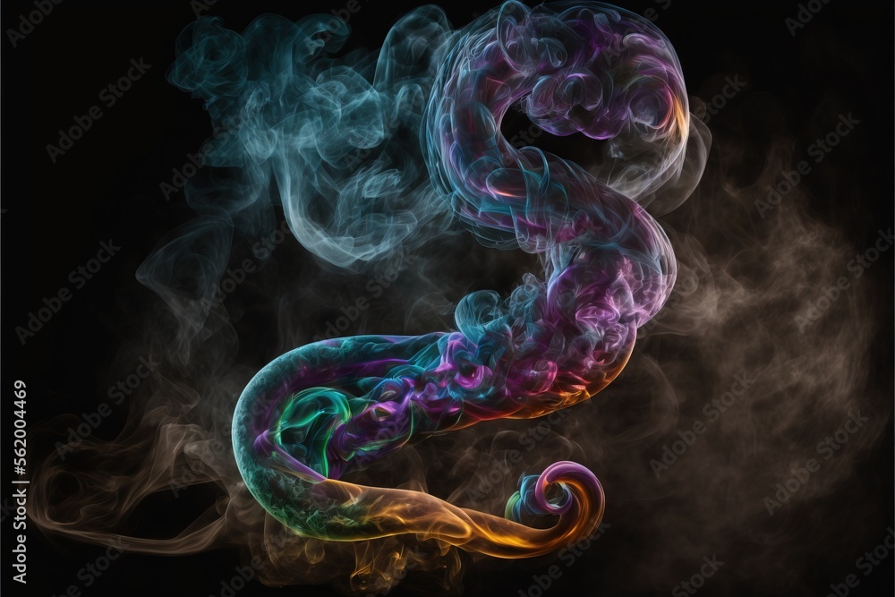 Poster a colorful smoke swirls into the shape of a snake on a black background with a black background behi