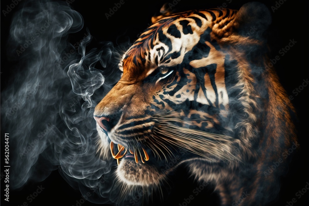 Poster a tiger with a cigarette in its mouth and a black background with a white stripe on it's chest and a