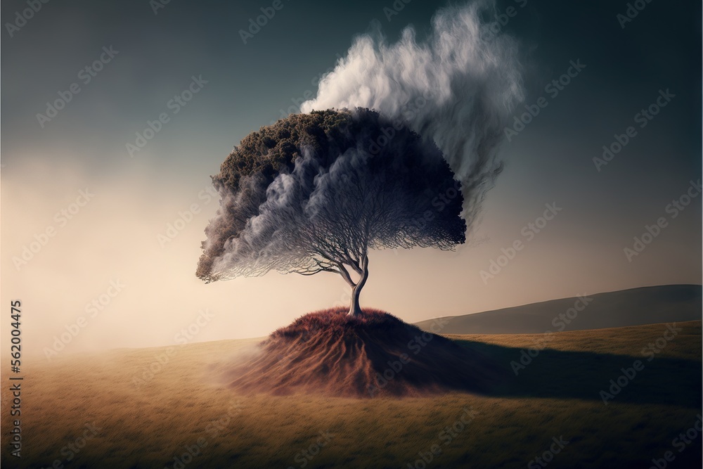 Poster a tree on a hill with a cloud of smoke coming out of it's top and a tree on top of it's head with a 
