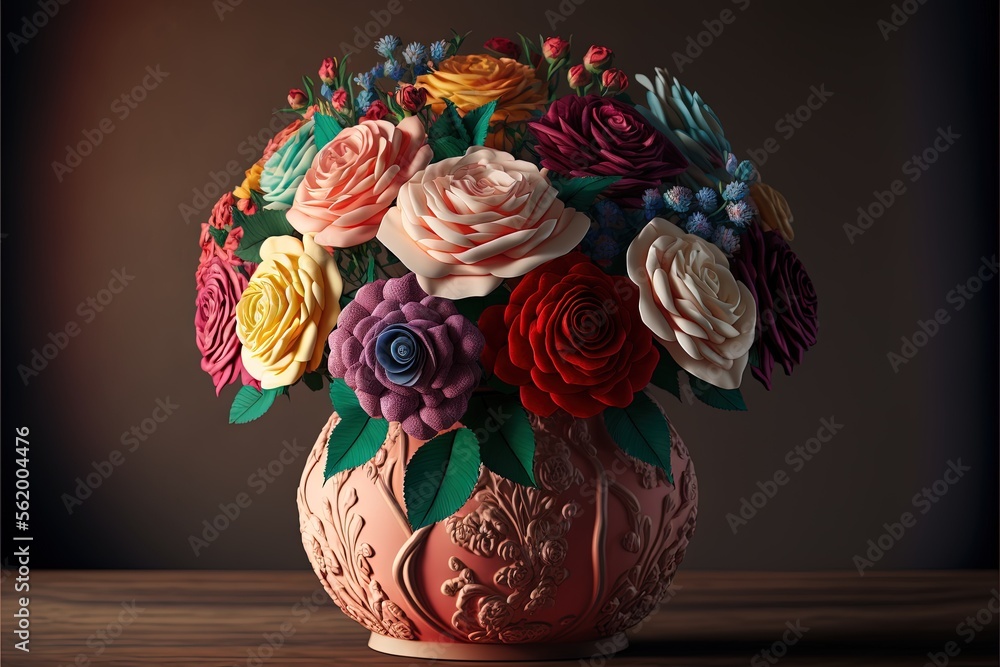Poster a vase filled with lots of colorful flowers on a table top with a brown background behind it and a b