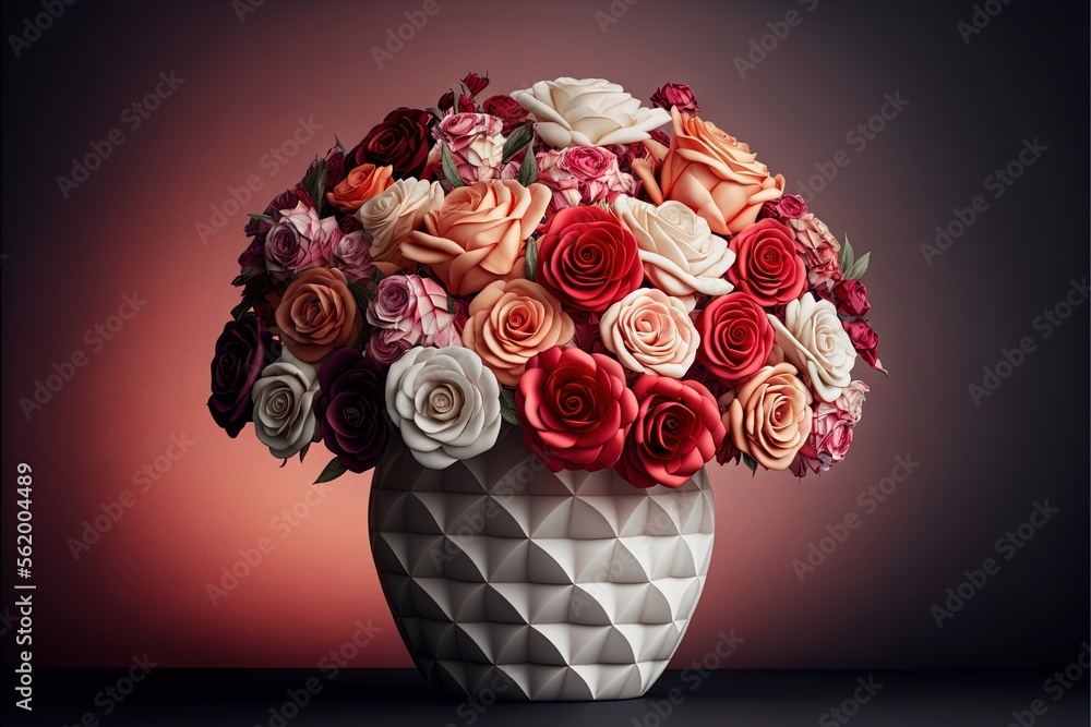Poster a vase filled with lots of different colored flowers on a table top with a dark background behind it