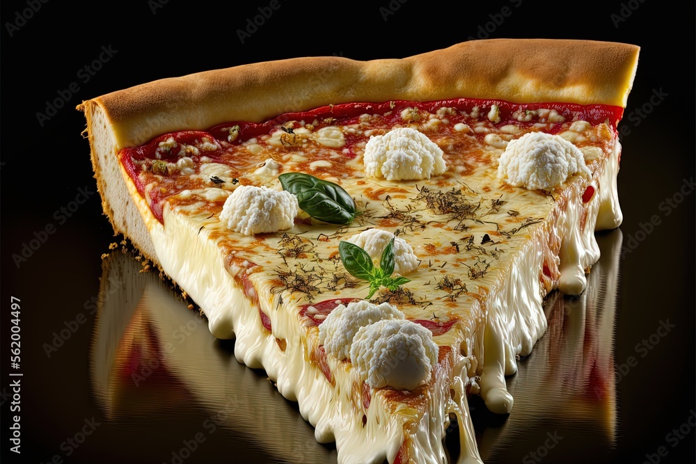 Poster a slice of cheese pizza with toppings on a black background with a reflection of the slice on the ta