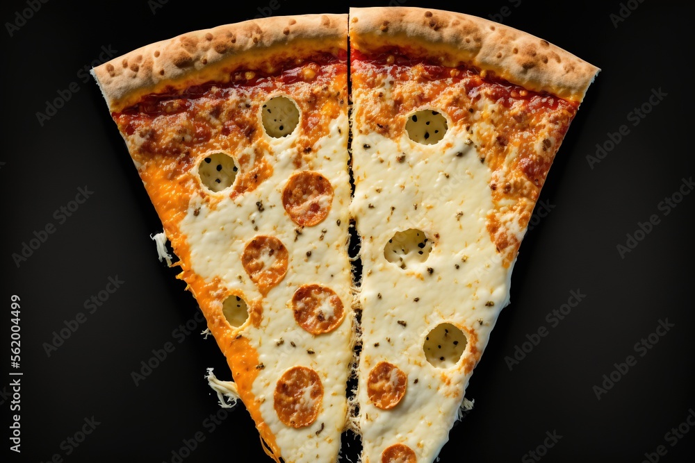 Poster  a pizza with two slices missing from it on a black surface with a black background and a black background with a black background with a black background with a white bord Generative AI