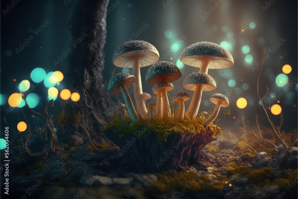 Poster a group of mushrooms sitting on top of a forest floor next to a tree trunk and a light bulb in the b
