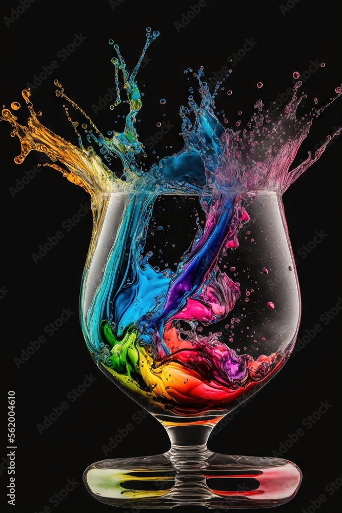 Poster a colorful liquid splashing into a wine glass on a black background with a black background and a bl