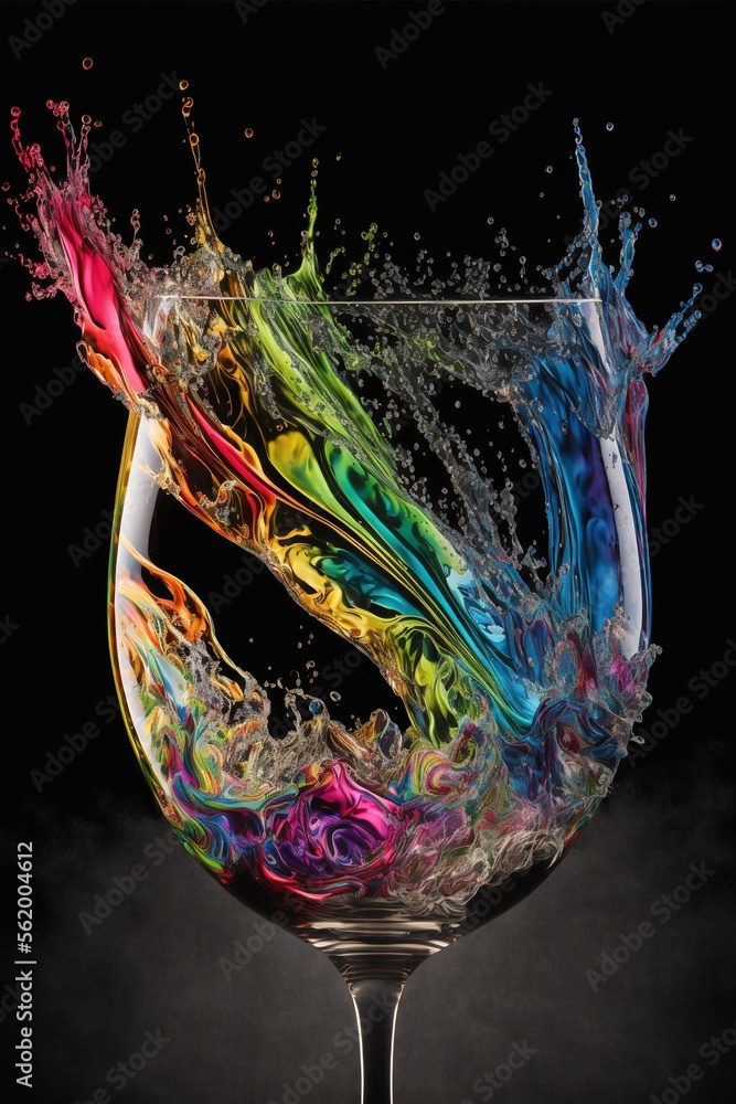 Poster a glass of wine with a splash of water on it's side and a black background with a black background g