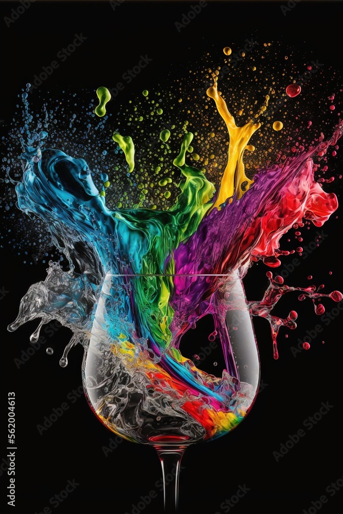 Poster a glass of wine with colorful liquid splashing out of it's stem and a black background with a black 