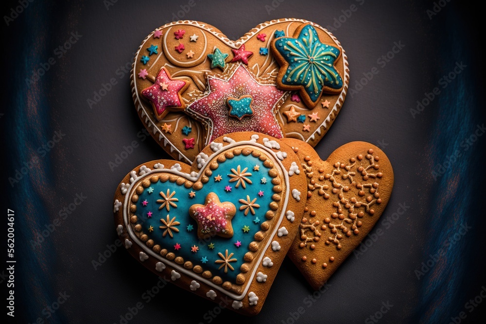 Aufkleber a close up of three heart shaped cookies on a table with a blue background and a black background be