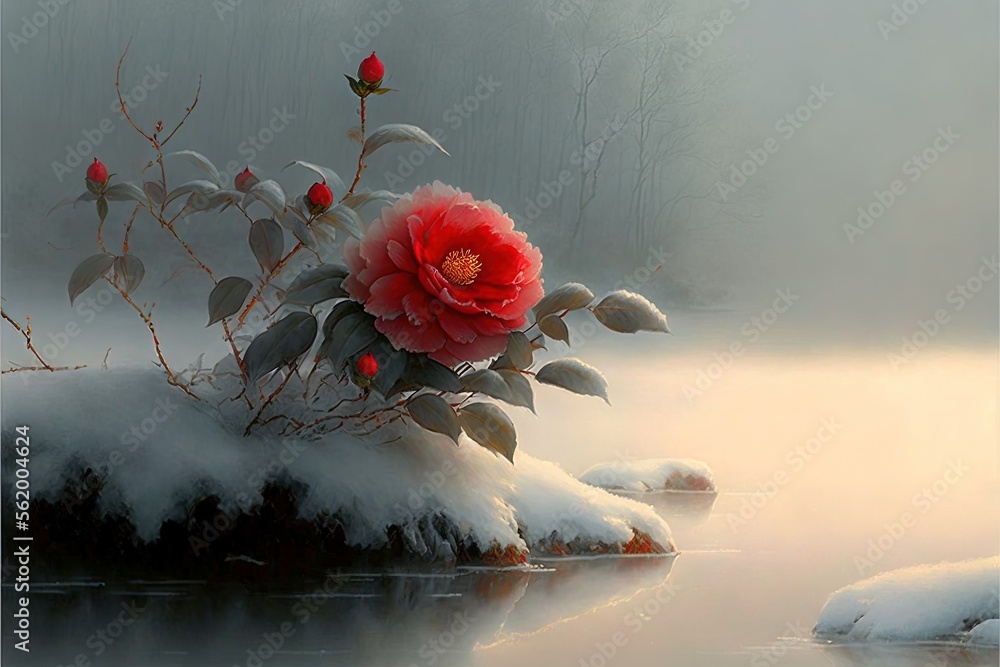 Poster a painting of a red flower on a rock in a lake with snow on the ground and trees in the background a