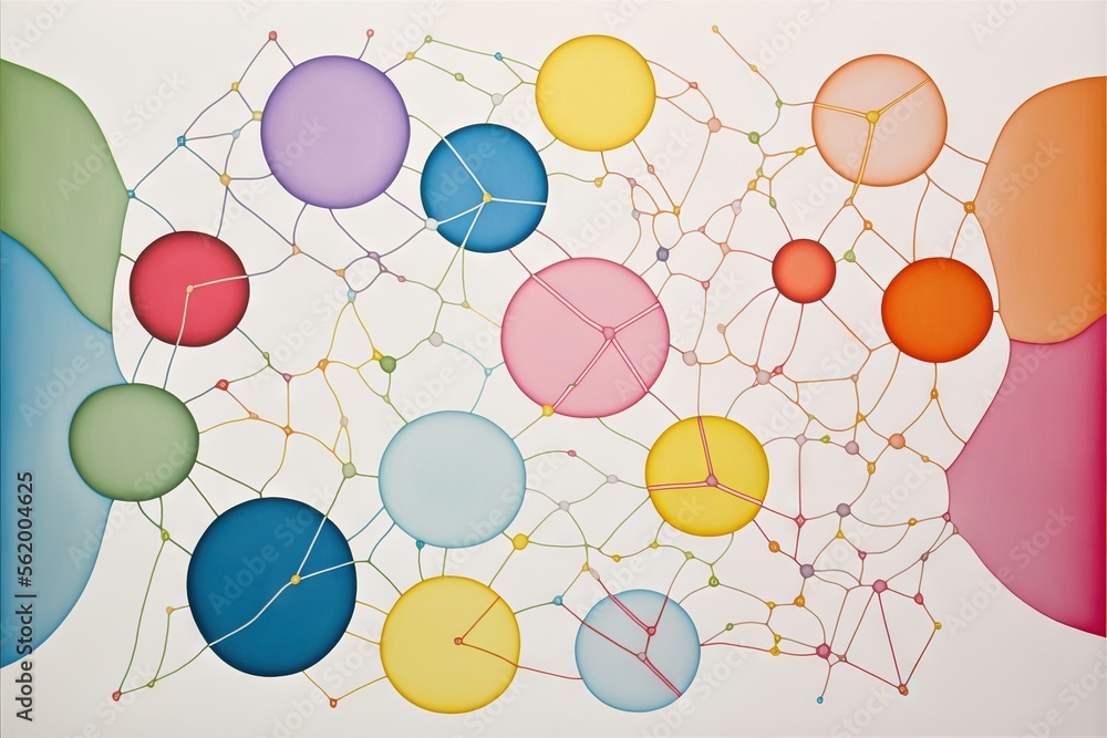 Poster a painting of a bunch of balloons on a white wall with a clock on it's side and a line of circles on