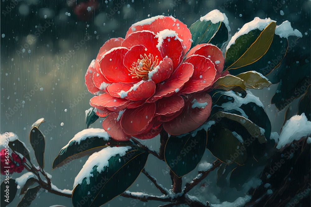 Poster a red flower with green leaves and snow on it's branches and a dark background with snow falling on 