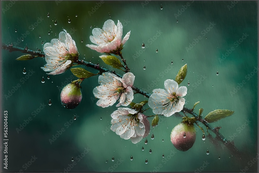 Poster a branch with flowers and leaves with water droplets on it and a green background with a green backg