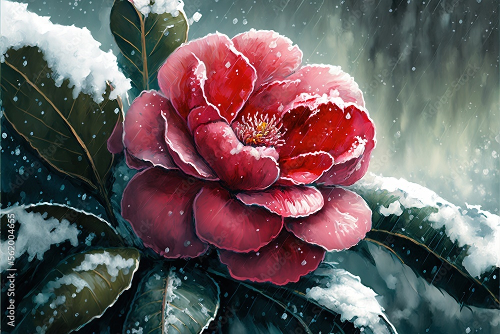 Poster a red flower is sitting on a branch in the snow with snow falling on it and a green leaf is in the f