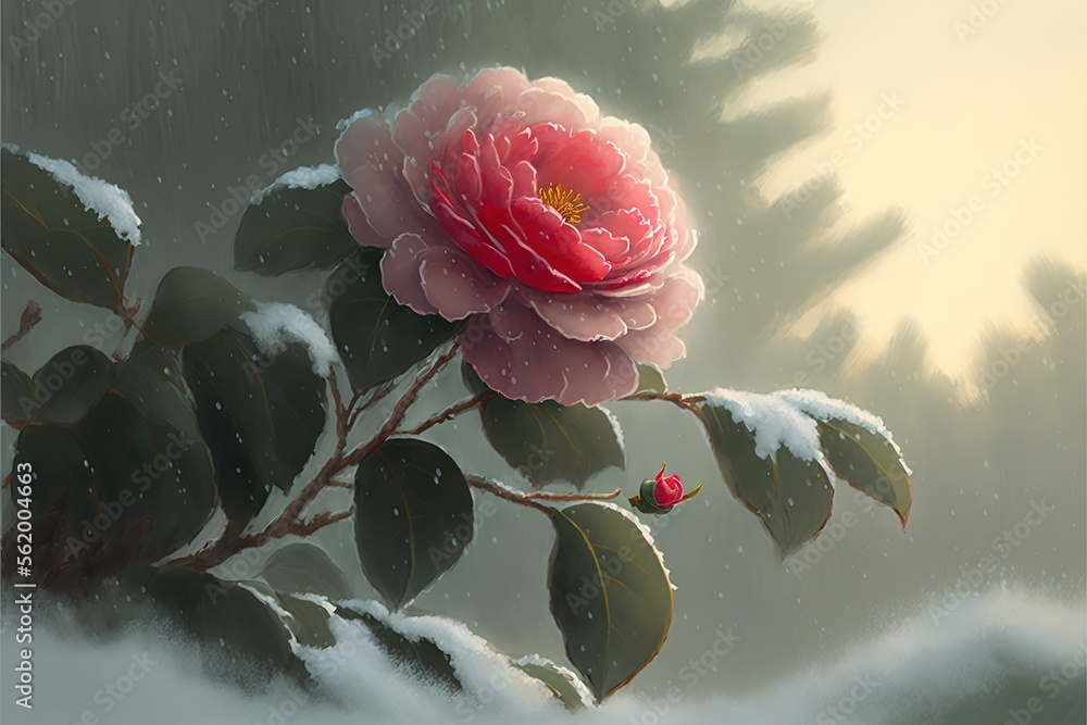Poster a painting of a pink flower on a branch in the snow with snow falling on it and a pine tree in the b