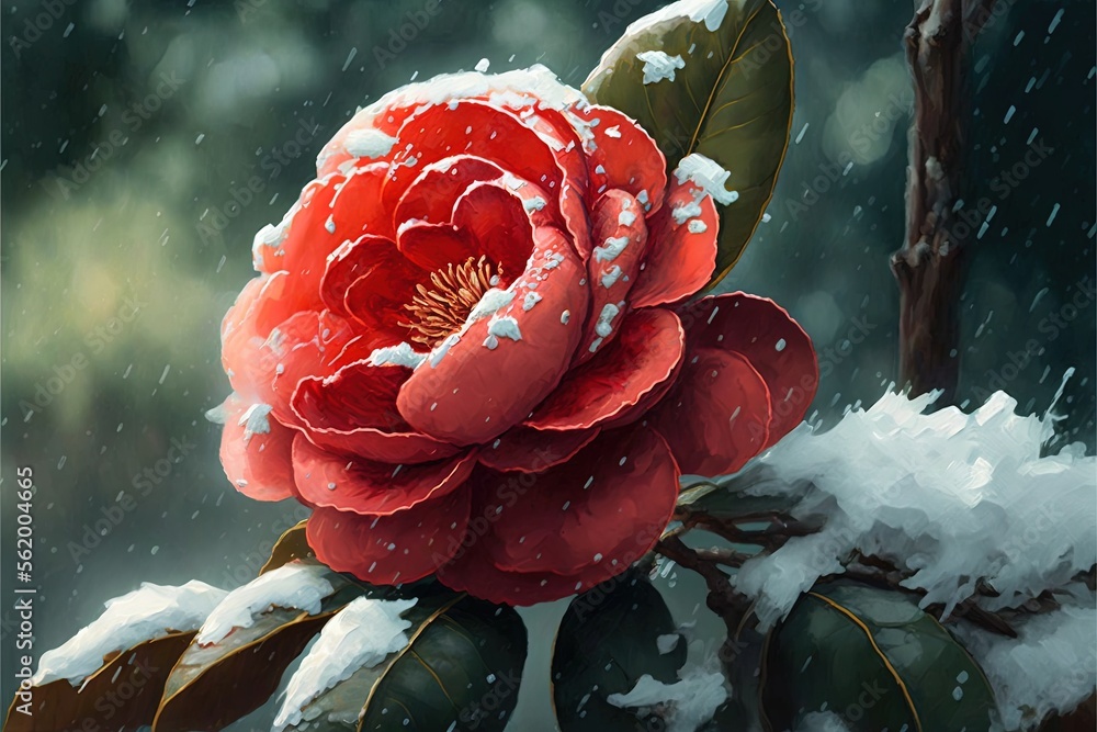 Poster a red flower is sitting on a snowy branch in the snow, with snow on the ground and behind it is a tr