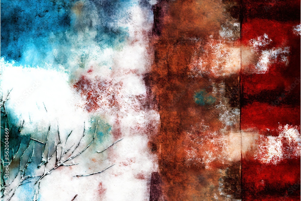 Poster a painting of a tree and a red and blue background with a white tree in the center of the painting a