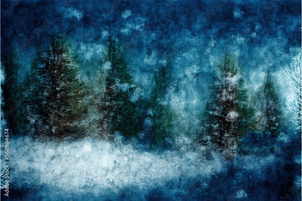 Poster a painting of a snowy forest with trees in the background and snow falling off the trees and snow fl