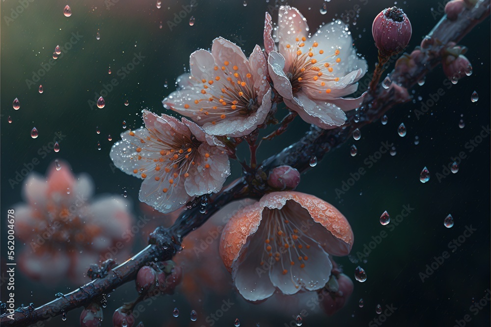 Poster a branch with flowers and water drops on it, with a dark background and a green area in the backgrou