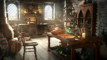 The alchemists' room with a lot of different junk, tables, books, barrels, a lot of flasks as well as mystical parchments and scrolls, shelves with books in beautiful daylight. 2d art - obrazy, fototapety, plakaty
