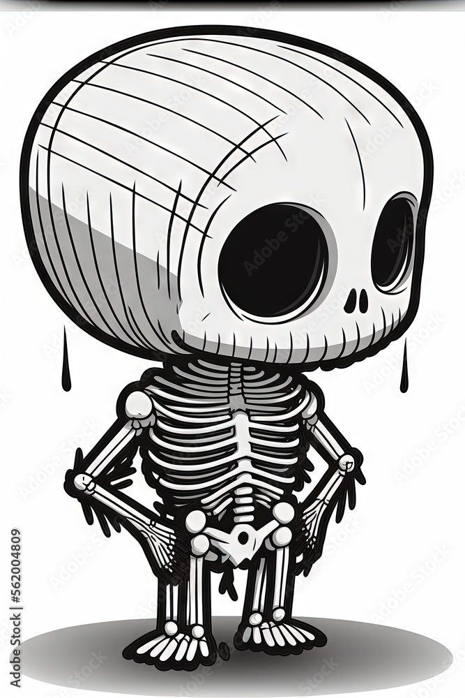 Poster a skeleton with a large head and a large body is standing in the rain with a large head and a small 