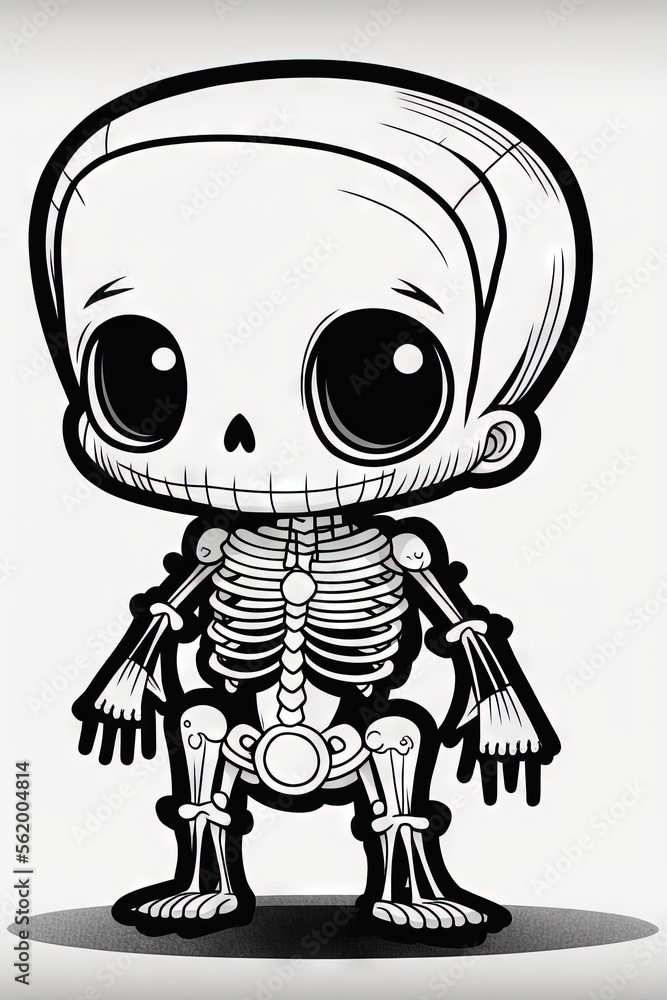 Poster a skeleton with a hat on it's head and a skeleton body in the background, with a white background, a