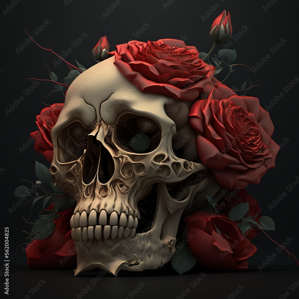 Poster a skull with a rose on its head and a black background with a red rose on it's head and a black back
