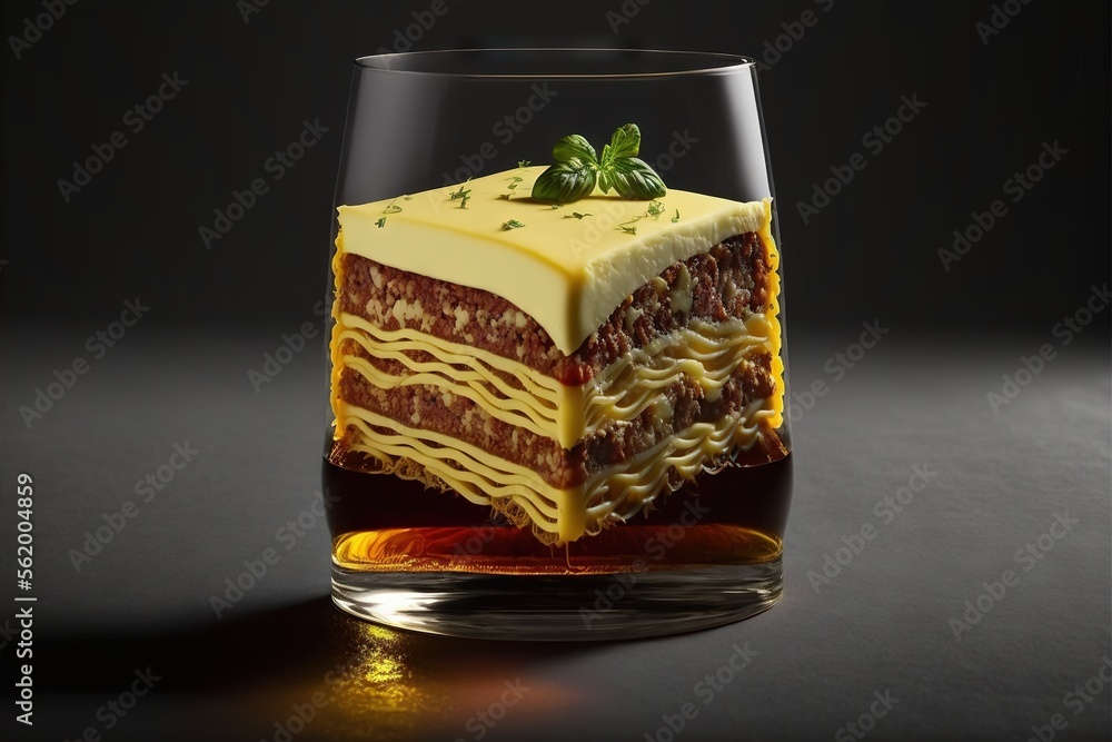 Poster a piece of cake sitting in a glass on a table next to a wine glass with a green leaf on top of it an