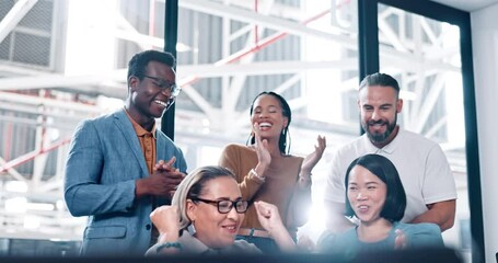 Applause, wow and business people happy for success, deal or partnership while clapping for job well done in office. Teamwork, congratulations and business group excited for business deal and vision